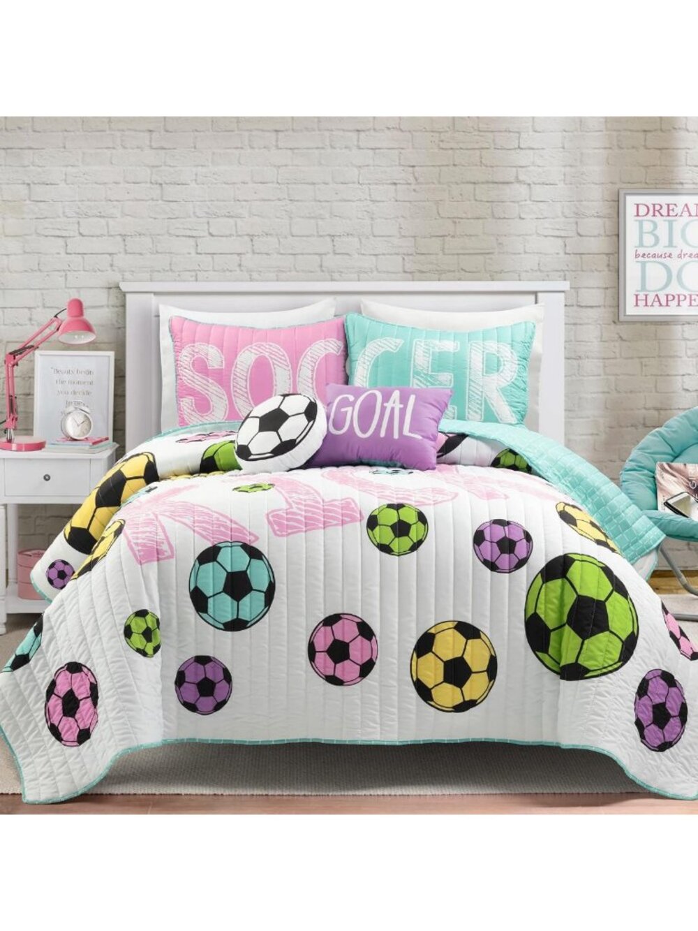 Reversible Queen Soccer Quilt Set - 5 Piece Kids Bedding in White & Turquoise